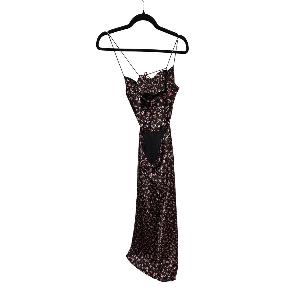 VICI Black Floral Cutout Maxi Dress Smocked Back Satin Finish Luxe Glam Medium - Picture 7 of 12